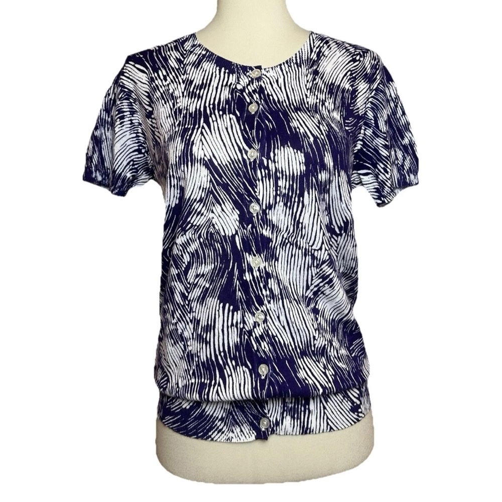 Ann Taylor Short Sleeve Cardigan Sweater Purple White 100% Cotton Size S NWT